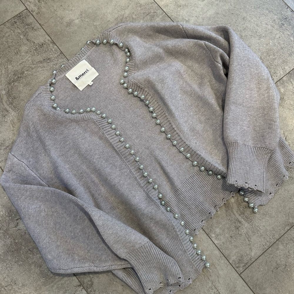 Rewind Gray Cardigan with Pearl Details